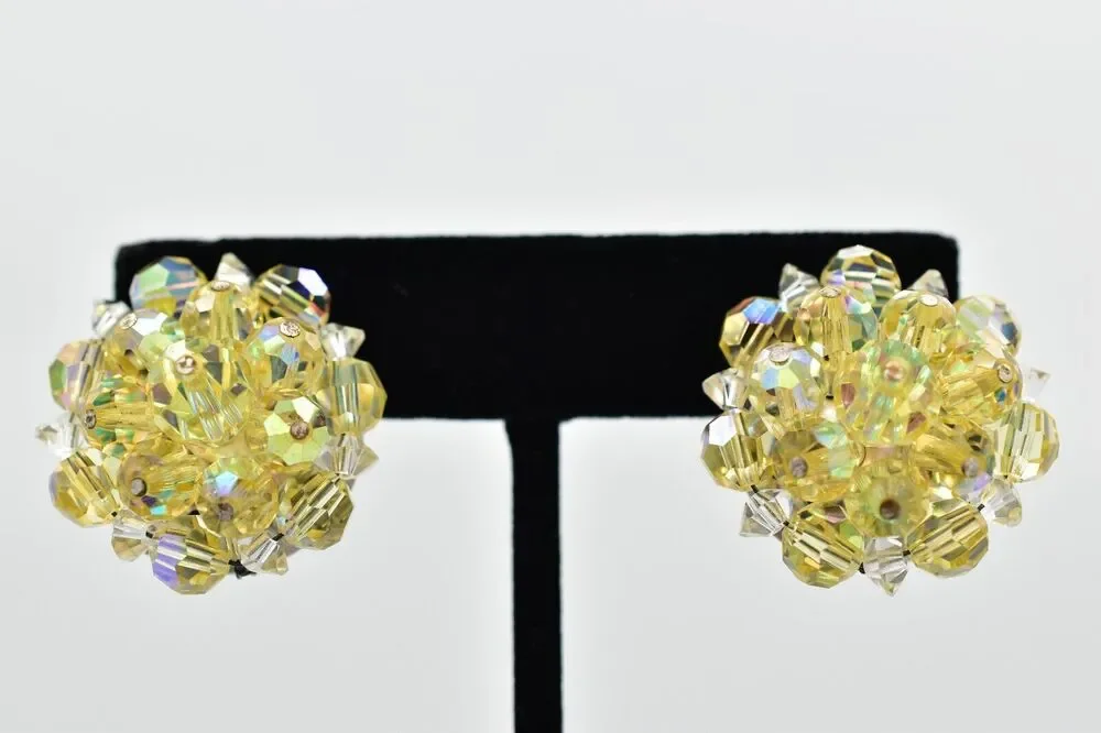 Laguna Vintage Clip On Crystal Earrings Yellow AB Cluster Signed Glam 1950s A24